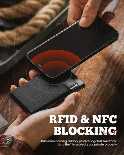Vista 23 de DUGRAFT Tarjetero para tarjetas de crédito con bolsillo para dinero, minimalista, delgado, de aluminio, de metal, para hombres, con bloqueo RFID