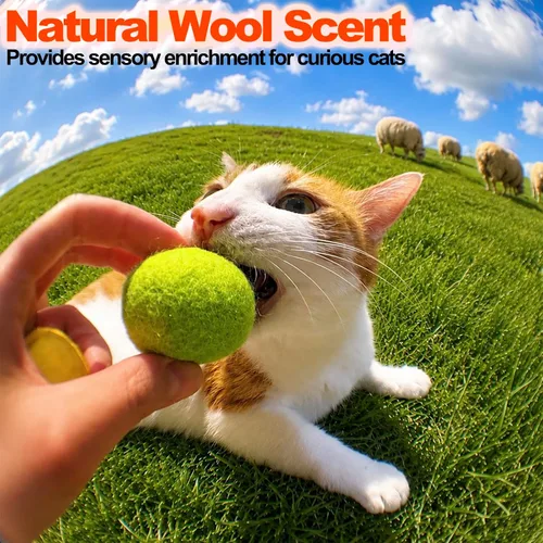 Vista 4 de Pelotas de juguete para gatos de fieltro 100% lana, paquete de 6, 3 colores, tamaño natural, duradero y seguro para gatos