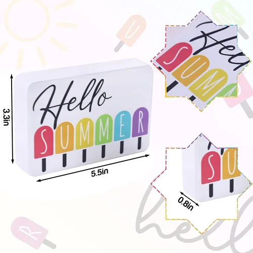Vista 2 de Letrero de bandeja escalonada con texto en inglés «Hello Summer» – Letrero envejecido, decoración rústica, mini letrero, decoración de granja
