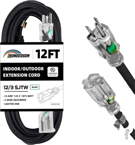 Vista 38 de Cable de Extensión HONDERSON con Extremo Iluminado, Certificado UL, Calibre 10, 1 Pie, Negro, 3 Puntas, Resistente, 10/3 SJTW, 15A, Cable de Energía