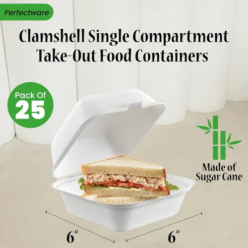 Vista 3 de Recipientes de comida para llevar con un solo compartimento 100% compostable, 6 x 6 pulgadas. 25 envases, bagazo desechable natural, biodegradable