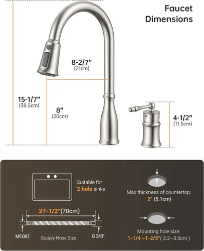 Vista 6 de APPASO Grifo de cocina de 2 agujeros con rociador extraíble, 3 modos de pulverización, grifos de cocina de níquel cepillado con pulverizador, grifo
