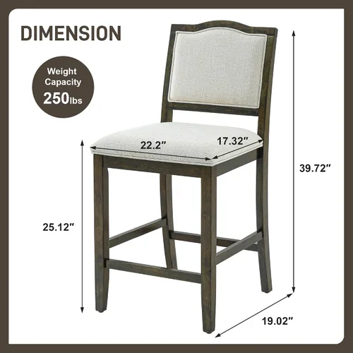 Vista 3 de Juego de 2 taburetes de bar de altura de mostrador, sillas de comedor rústicas con marco de madera de goma, respaldo ergonómico para isla de cocina