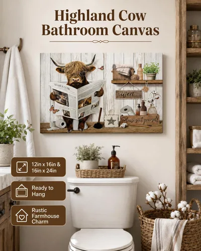 Vista 2 de Divertido arte de pared de baño de vaca de las tierras altas, rústico, color marrón, lindo animal, pintura, imagen, decoración de pared, ganado