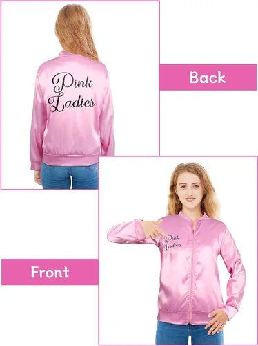 Vista 6 de AOTHSO Chaqueta de satén rosa de los años 50 con diadema, 2 bufandas, 2 aretes, 2 gafas para mujeres, disfraz de cosplay para adultos de Halloween