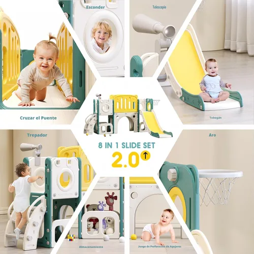 Vista 4 de Juego de toboganes 8 en 1 para niños pequeños, tobogán para niños pequeños, juego de tobogán escalador con aro de baloncesto, patio de juegos al