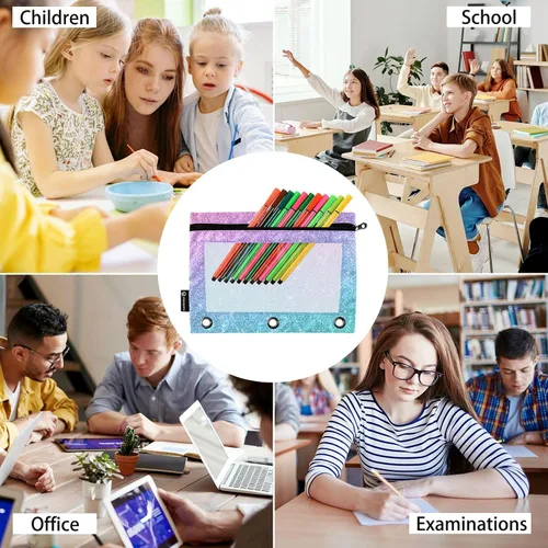 Vista 6 de Gredecor Estuche para lápices con 3 anillos con purpurina azul y rosa con cremallera, 2 unidades, organizador transparente para carpeta escolar