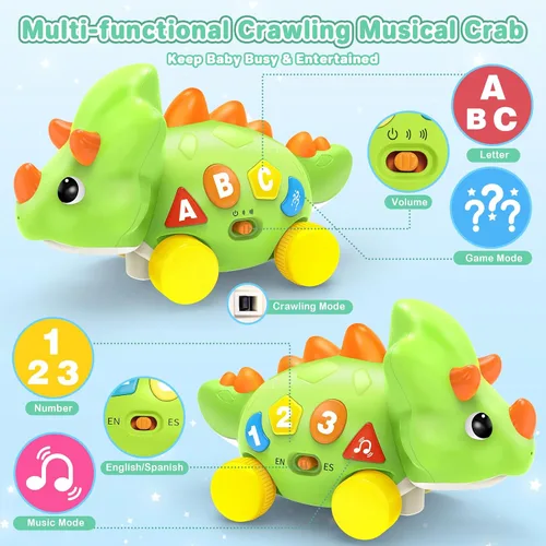 Vista 3 de Juguetes Musicales de Dinosaurio para Bebés de 1 Año - Juguetes con Luz para Tiempo Boca Abajo para Recién Nacidos, Juguetes de Gateo para Niños
