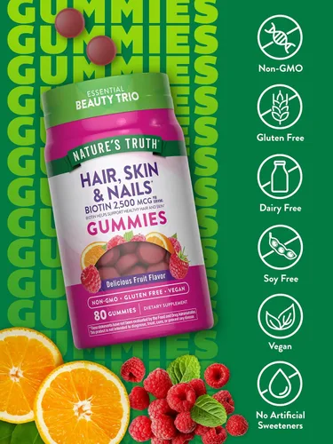 Vista 3 de Gomitas para el cabello, piel y uñas, 80 unidades, 2500 mcg de biotina, vegano, sin OMG, suplemento sin gluten, vitamina para mujeres y hombres, por