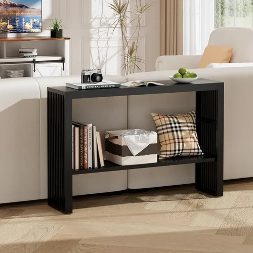 Vista 6 de Mesa consola estrecha de bambú de 47.2 pulgadas, mesa auxiliar de granja de 2 niveles, mesa de entrada rectangular, moderna mesa de sofá detrás