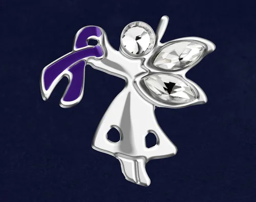Vista 2 de Pin de concientización de ángel de cinta púrpura por mi lado Pin de ángel de cinta púrpura para Alzheimer, epilepsia, cáncer de páncreas, violencia