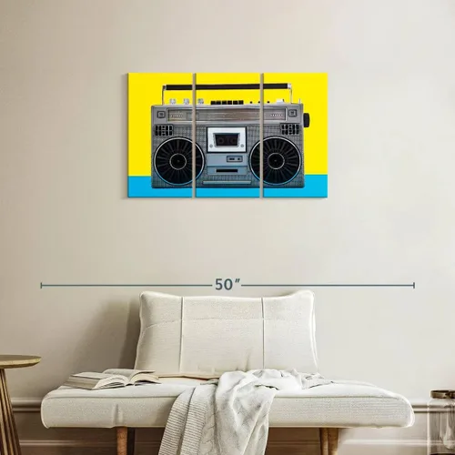 Vista 2 de ElephantStock - Retro Silver Boombox Wall Art - Horizontal Multi Panel Canvas - 3 Piece Living Room Wall Decor - Photography Music Multi Piece Wall
