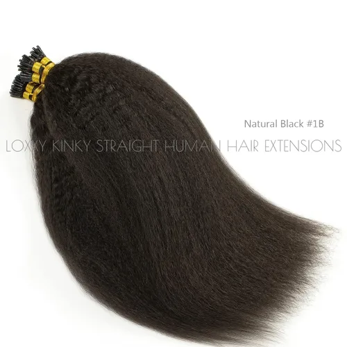 Vista 4 de Loxxy Extensiones de cabello humano rizado con punta I Tip, extensiones de cabello humano rizado negro natural, extensiones de cabello preunido