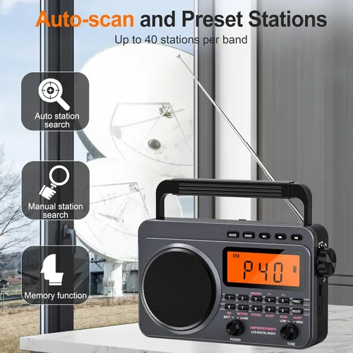 Vista 7 de Radio portátil con la mejor recepción, radio digital recargable de 4000 mAh AM FM portátil con tarjeta SD/reproducción USB, sintonizador digital