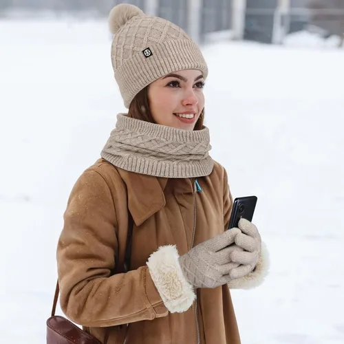 Vista 2 de Gorros de invierno para mujer, bufanda, guantes para pantalla táctil, juego cálido con patrón de cuadrícula, gorro holgado de punto con forro polar