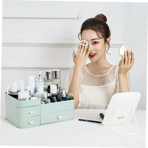 Vista 2 de Housoutil 1pc Household Makeup Organizer with Drawer Green Plastic Cosmetic Storage Box for Lipstick Skincare and Brushes Desktop Organizer for