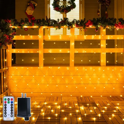 Vista 10 de Ollny - Luces de red para exteriores de 10 x 7 pies, 210 luces LED de cable transparente conectables, luces de red de Navidad con 8 modos, IP67