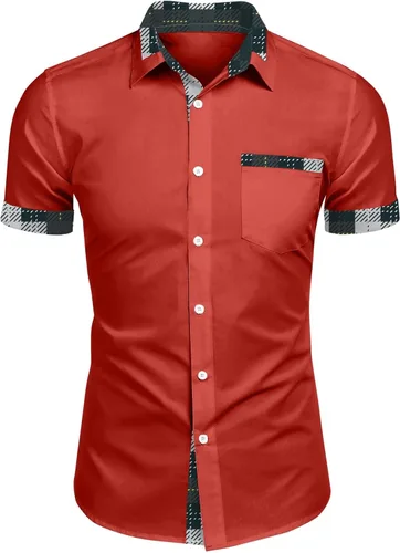 Vista 4 de RTRDE Men's Button Down Shirts Short Sleeve Plaid Print Summer Beach Wedding Vacation Dress Shirts, M-4XL