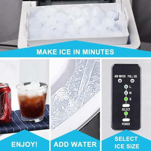 Vista 2 de Máquina de hacer hielo para encimera, máquina de hielo portátil con bala masticable para casa, oficina, bar, fiesta, 33 libras, acero inoxidable