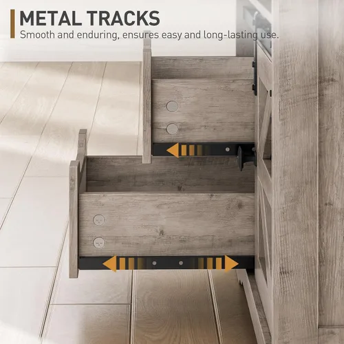 Vista 7 de Mesa auxiliar de granja con estación de carga, mesa auxiliar de sofá con 2 cajones y puerta de granero, mesita de noche de madera rústica para Gris