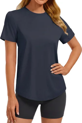 Vista 32 de PINSPARK Camisetas básicas de entrenamiento suaves para mujer, de manga Azul oscuro