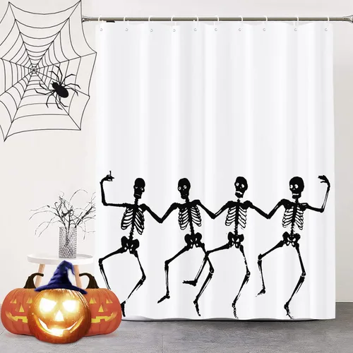 Vista 10 de Bonita cortina de ducha de Halloween, fantasmas divertidos y espeluznantes, juego de cortina de ducha de poliéster blanco y negro con 12 ganchos