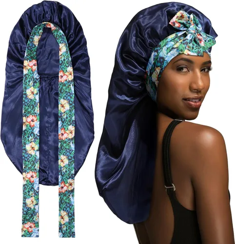 Vista 8 de Gorro largo de satén para trenzas, capó de seda para dormir, banda elástica para mujeres negras, cabello rizado