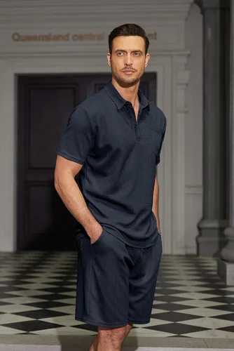 Vista 6 de COOFANDY - Conjunto de polo y pantalones cortos de punto acanalado para hombre, 2 piezas, atuendo de verano, traje casual deportivo con bolsillos