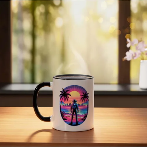 Vista 3 de Vaporwave Synthwave Astronaut Spaceman Science Space Ceramic Mug, Black/White, 11oz