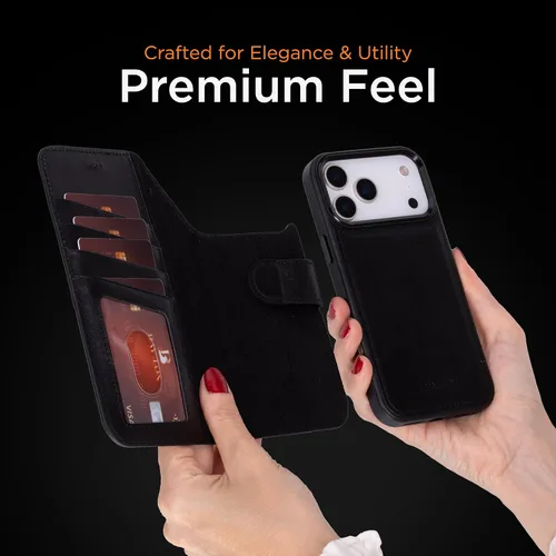 Vista 89 de Bayelon Funda tipo cartera para iPhone 15 Pro, cartera de cuero de grano completo, funda magnética desmontable, tarjetero, funda tipo cartera