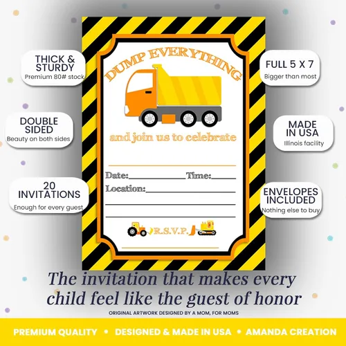 Vista 2 de AmandaCreation - Invitaciones para fiestas de cumpleaños de construcción de camiones volquete de Dump Everything, 20 tarjetas de relleno de 5 x 7