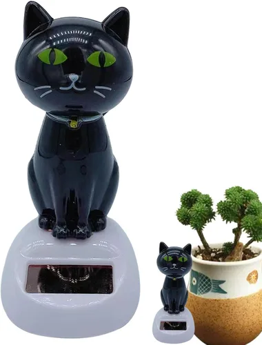 Vista 5 de Cabeza de gato con energía solar, bonita decoración de baile para tablero de automóvil, interior y adornos de escritorio Negro