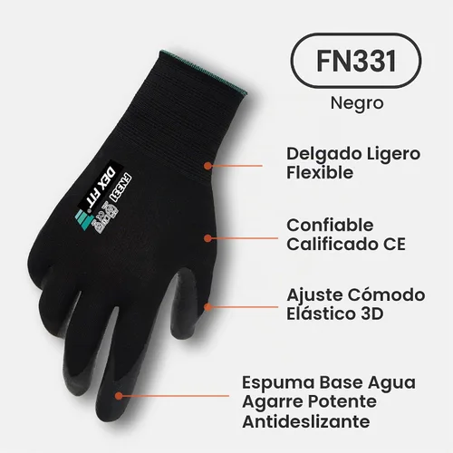 Vista 2 de DEX FIT Prime - Guantes de trabajo de nitrilo FN331, ajuste cómodo 3D, agarre antideslizante, duraderos, delgados, ligeros y frescos, compatibles