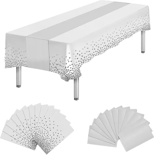 Vista 8 de Paquete de 12 manteles rectangulares de plástico negro desechables y satinados, mantel rectangular negro y dorado para cumpleaños, aniversario