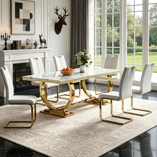 Vista 35 de 5 Piece Black Marble Dining Table Set for 4, Modern Faux Marble Kitchen Dining Room Tables with 4 Leather Chairs Set, 68.11" Luxury Rectangular
