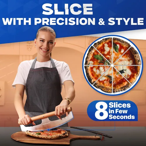 Vista 6 de KitchenStar Cortador de pizza con hoja basculante de 16 pulgadas + cáscara de pizza de madera de 16 pulgadas + piedra para pizza para horno