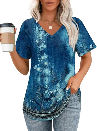 Vista 34 de OFEEFAN Camisetas básicas de manga corta con cuello en V para mujer, ajuste holgado, con dobladillo curvado B-verde