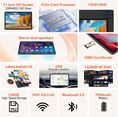 Vista 9 de Tableta Android 15 de 11 pulgadas con procesador Octa Core 16 GB RAM 128 GB ROM 1TB Expandir tableta con batería de 7000 mAh, cámara de 21 MP
