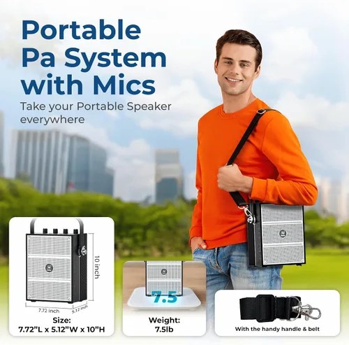 Vista 5 de Amplificador de voz potente de 100 W con 2 micrófonos inalámbricos S99 Big Pro Sound Portable Speaker with Microphone, Bluetooth Speaker PA System