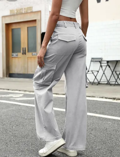 Vista 2 de DIBAOLONG Pantalones cargo para mujer, cintura alta, pantalones casuales de pierna ancha, pantalones Y2K, pantalones holgados militares, 6 bolsillos