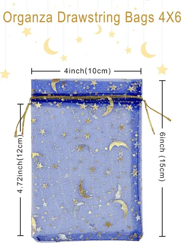 Vista 2 de Jexila 100 bolsas de regalo de organza azul con estrella lunar, 4 x 6 pulgadas, bolsa pequeña de malla con cordón para regalos, joyas, bolsitas