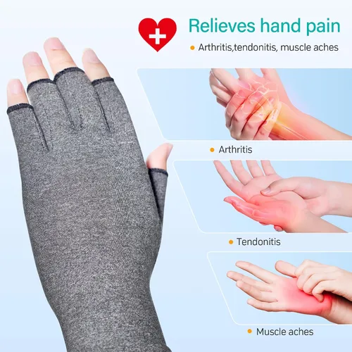 Vista 3 de Guantes de compresión para artritis, 2 pares de muñequeras con soporte para manos sin dedos para hombres y mujeres, guantes para aliviar el dolor