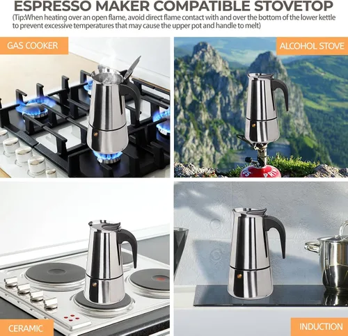 Vista 5 de Olla de Moka de 2 Tazas 100ml, Cafetera de Espresso de Acero Inoxidable, Cafetera de Percolador para Estufa, Cafetera Italiana de Estilo Clásico