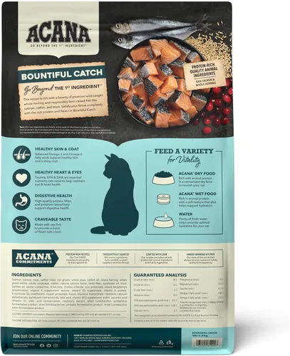 Vista 2 de ACANA Comida seca para gatos Bountiful Catch Salmón, Bagón de Bacalao y Arenque, bolsa de 4 libras