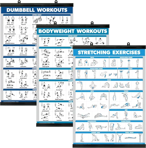 Vista 6 de Palace Learning QuickFit - Juego de 3 tablas de entrenamiento con mancuernas + ejercicios de peso corporal + póster de rutina de estiramiento, juego
