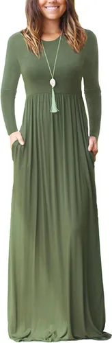 Vista 9 de GRECERELLE Vestido largo de manga larga para mujer, casual, cuello redondo, holgado, sólido floral, maxi largo con bolsillos, S-3XL A-Negro