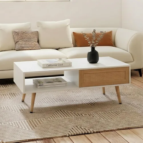 Vista 3 de IANIYA Mesa de centro con almacenamiento oculto, mesa central rectangular de 41.3 pulgadas con puerta tejida de ratán y patas de madera maciza