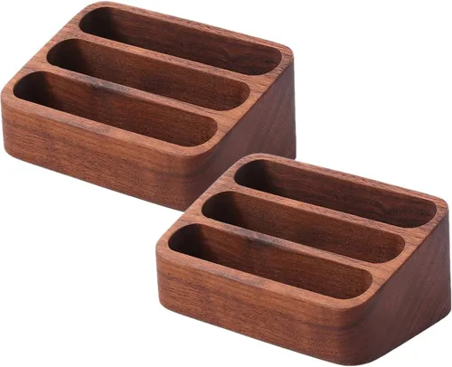 Vista 2 de Sizikato Soporte de madera para tarjetas de visita para escritorio, 3 ranuras para tarjetas de visita