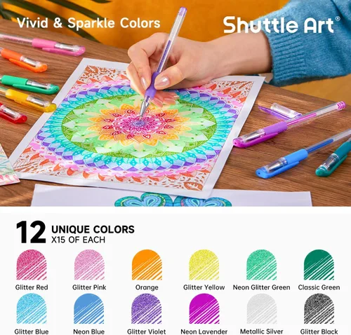 Vista 2 de Shuttle Art Bolígrafos de gel, paquete de 180 bolígrafos de gel, 12 colores surtidos a granel para adultos, libros de colorear, dibujo, garabatos