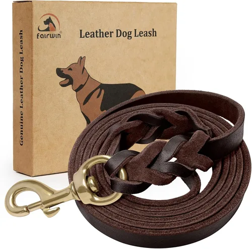 Vista 8 de Correa para perros Fairwin Brown en cuero genuino color marrón 6 / 5 pies para perros grandes/medianos/perros entrenamiento/caminatas, Café Oscuro